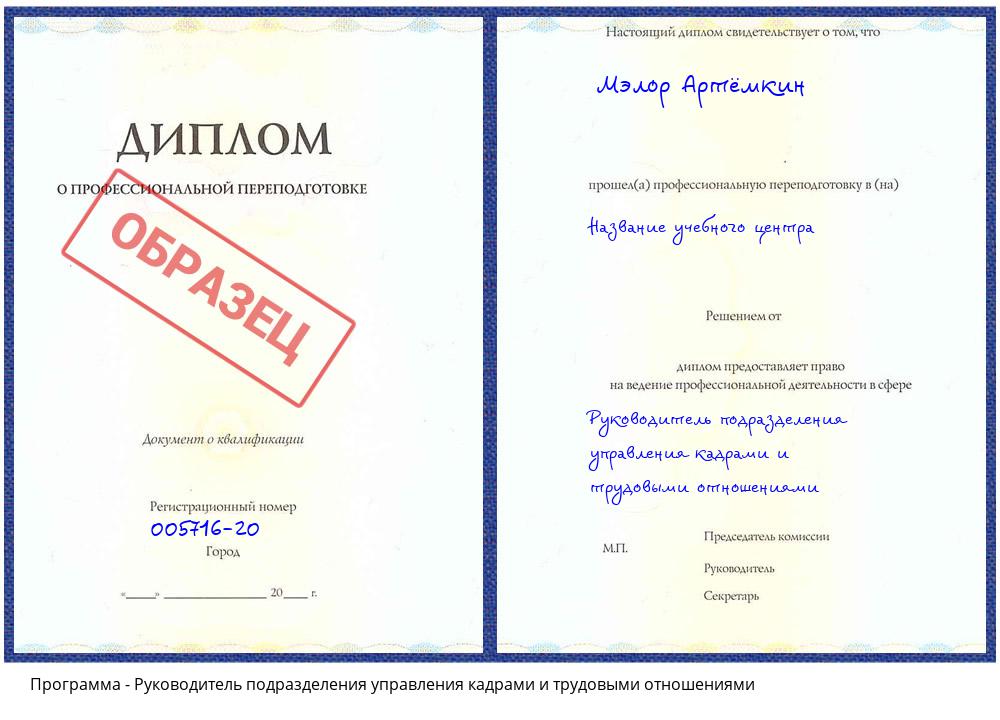 Руководитель подразделения управления кадрами и трудовыми отношениями Заречный