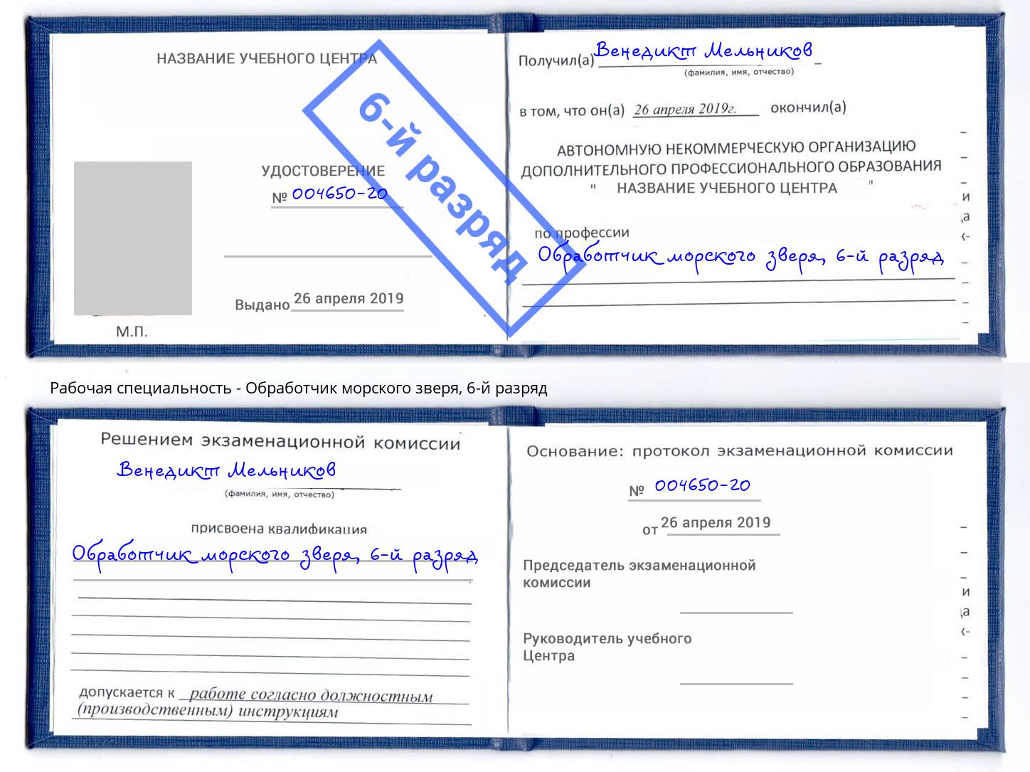 корочка 6-й разряд Обработчик морского зверя Заречный