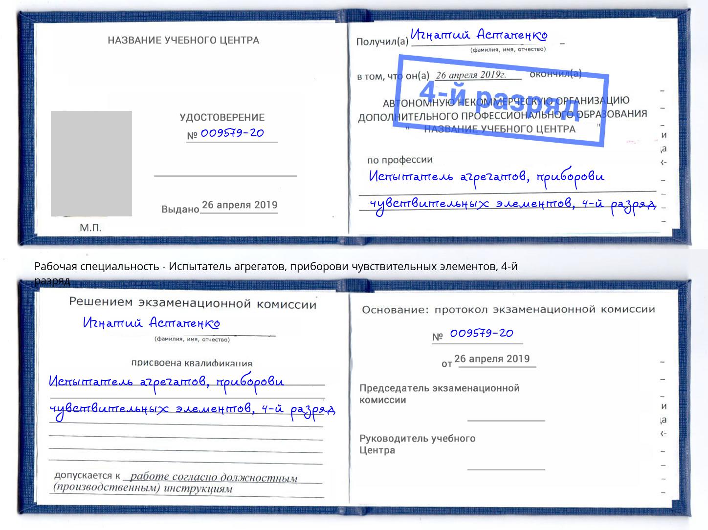 корочка 4-й разряд Испытатель агрегатов, приборови чувствительных элементов Заречный