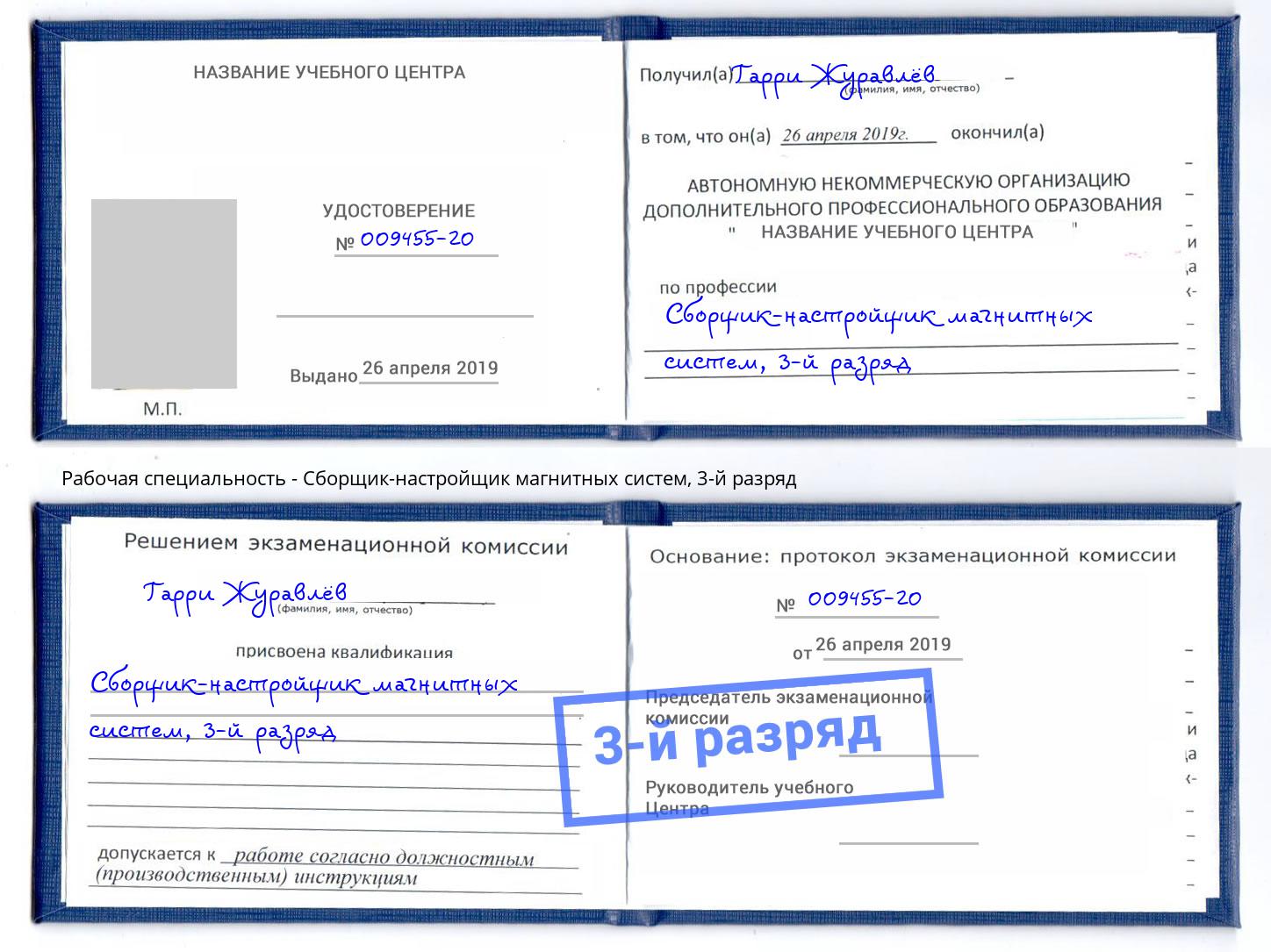 корочка 3-й разряд Сборщик-настройщик магнитных систем Заречный