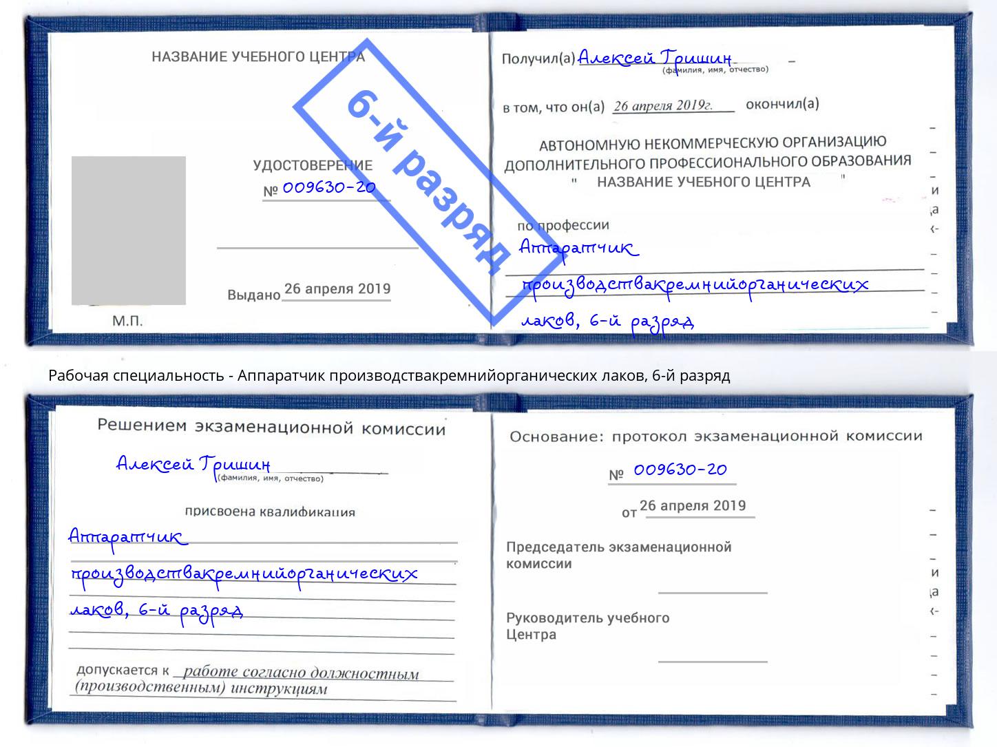 корочка 6-й разряд Аппаратчик производствакремнийорганических лаков Заречный