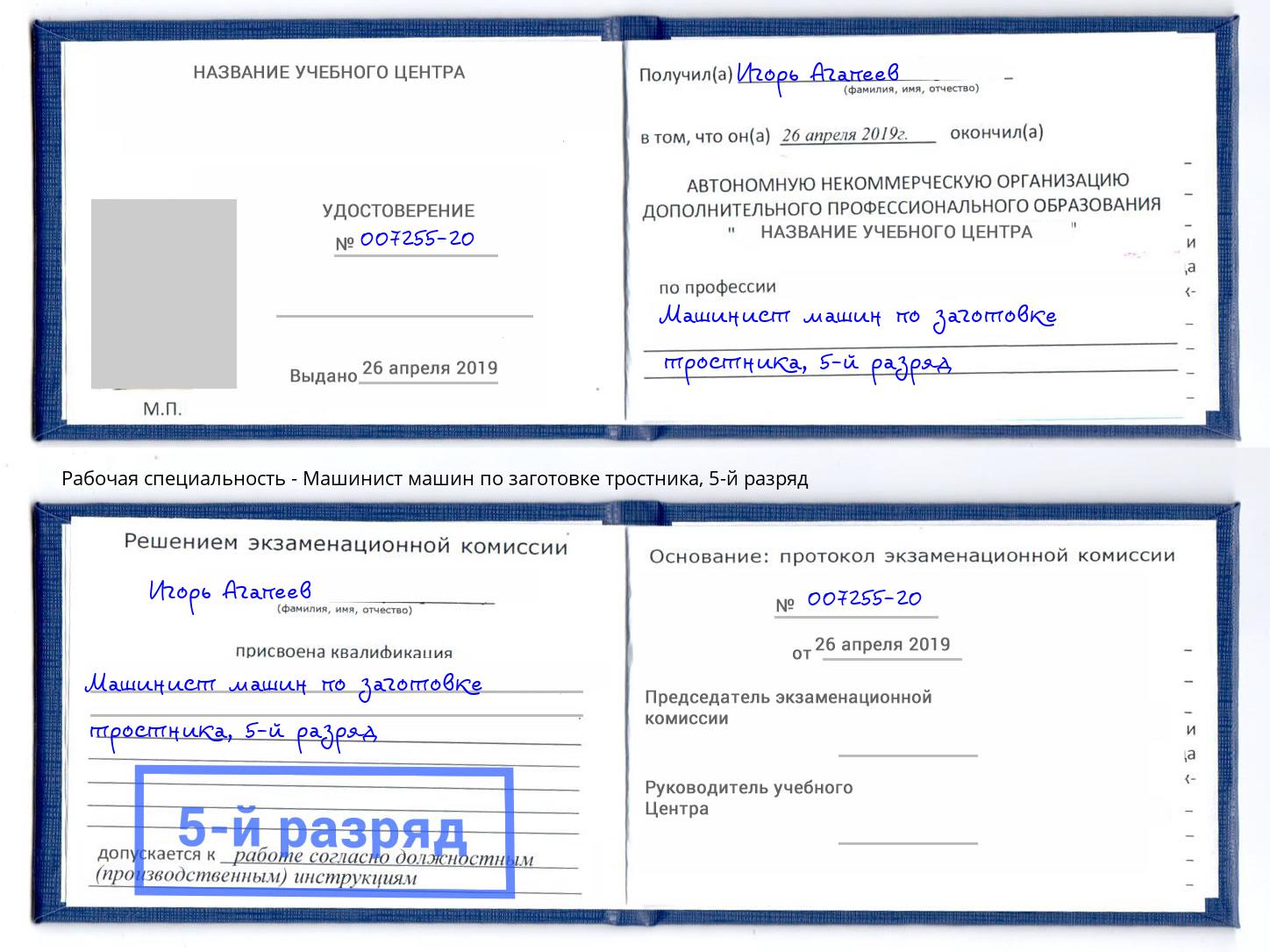 корочка 5-й разряд Машинист машин по заготовке тростника Заречный
