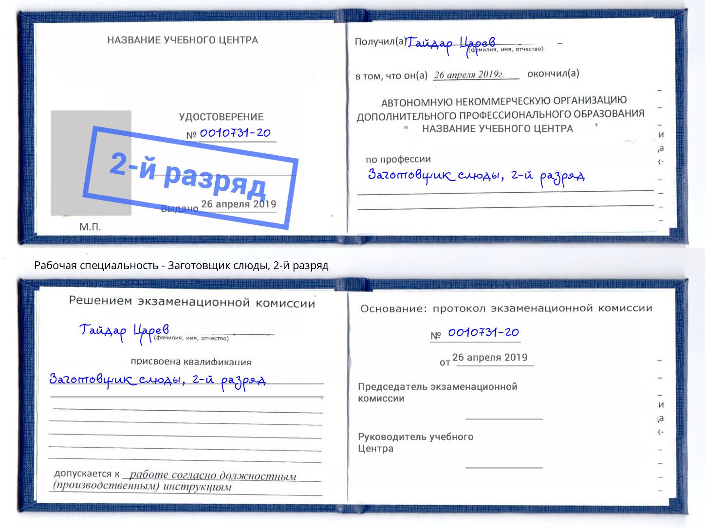 корочка 2-й разряд Заготовщик слюды Заречный