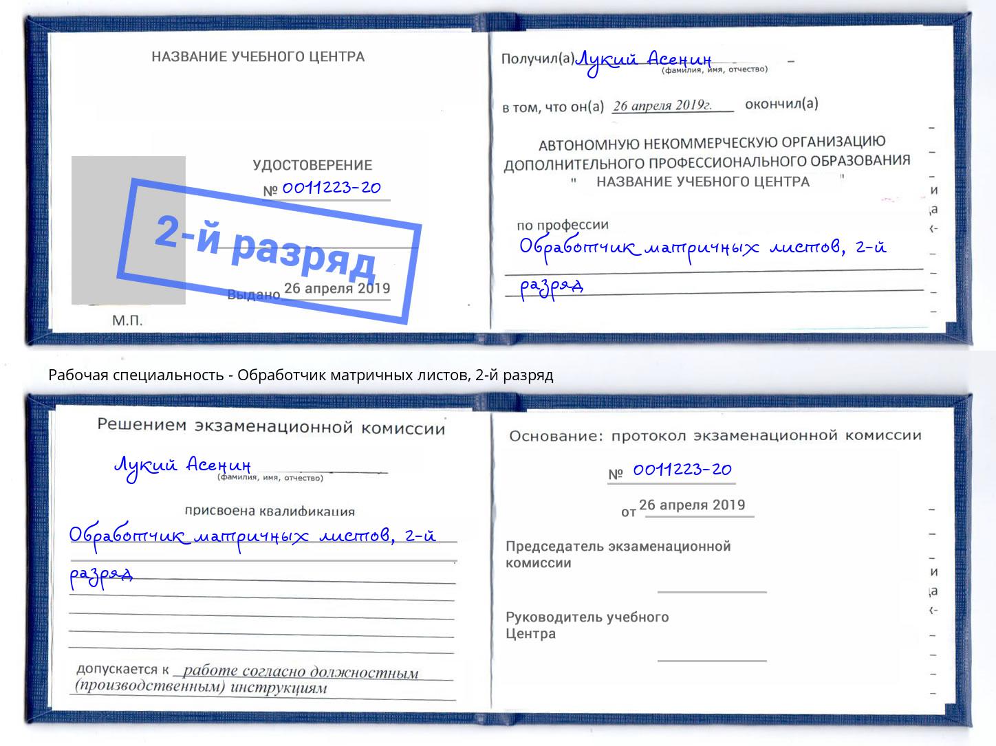 корочка 2-й разряд Обработчик матричных листов Заречный