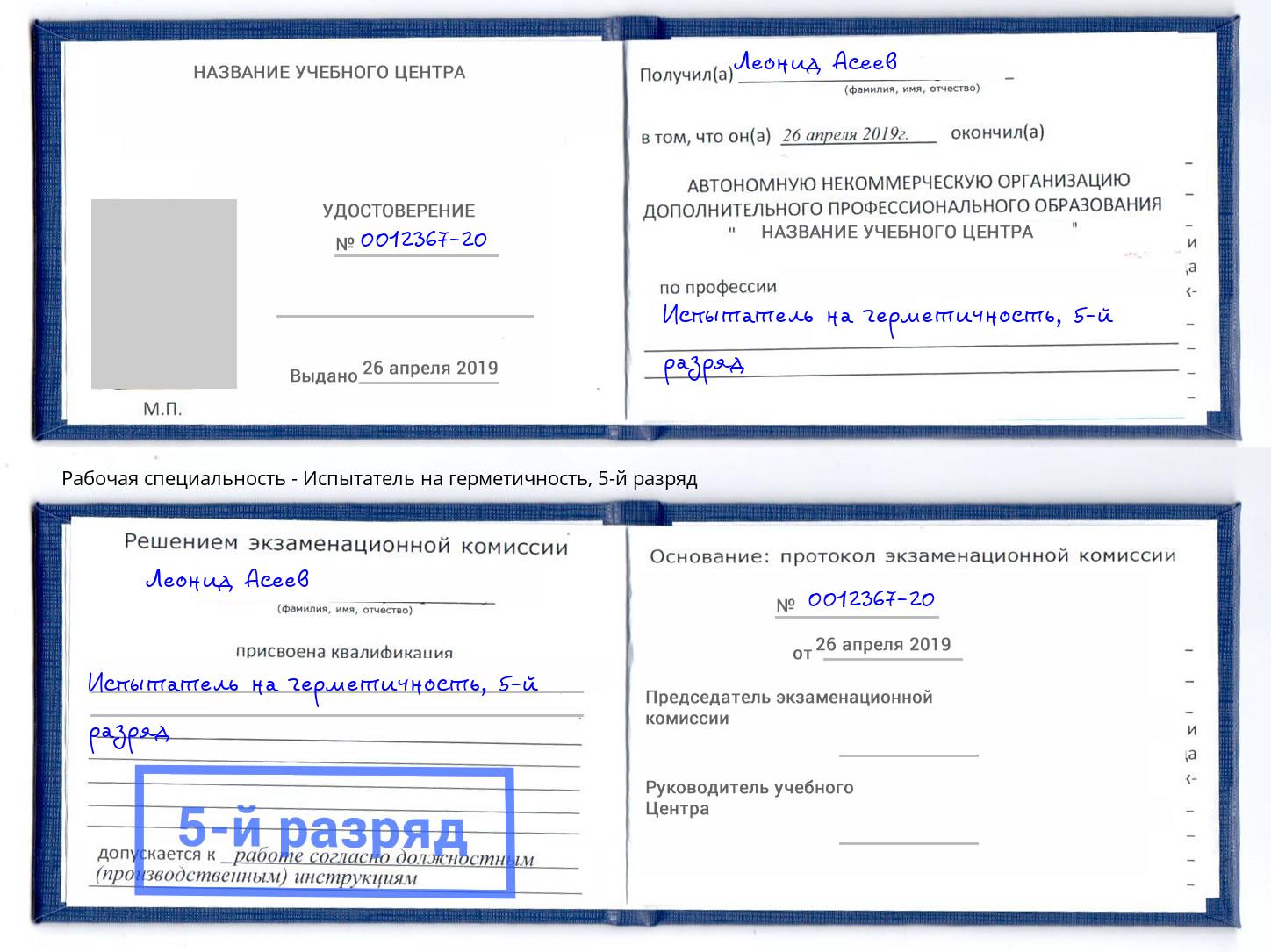 корочка 5-й разряд Испытатель на герметичность Заречный