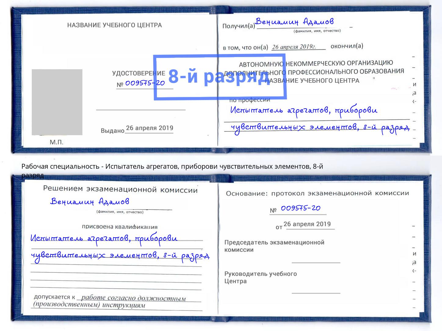 корочка 8-й разряд Испытатель агрегатов, приборови чувствительных элементов Заречный